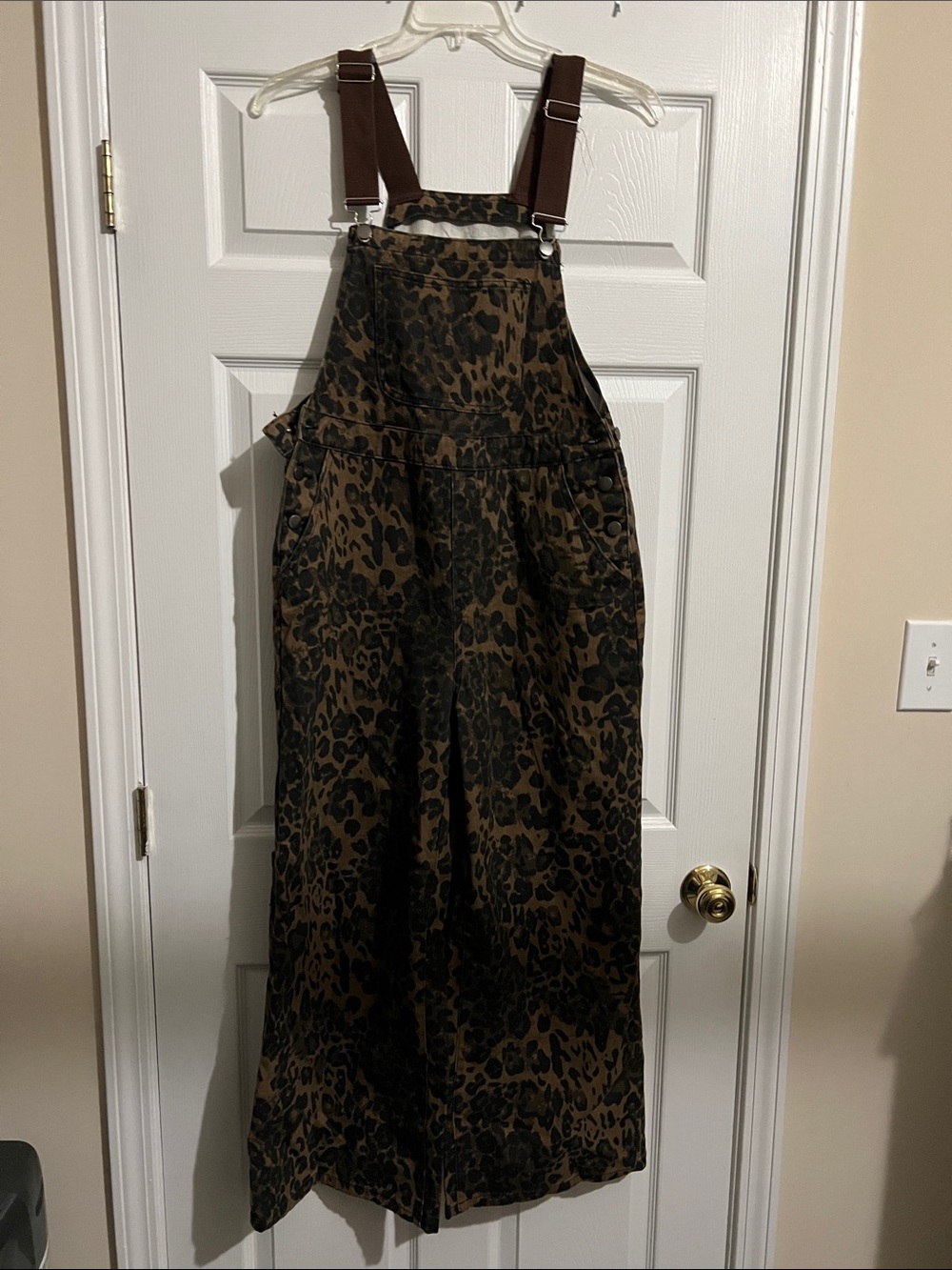Cider Leopard Print Overalls Dress with Brown Straps